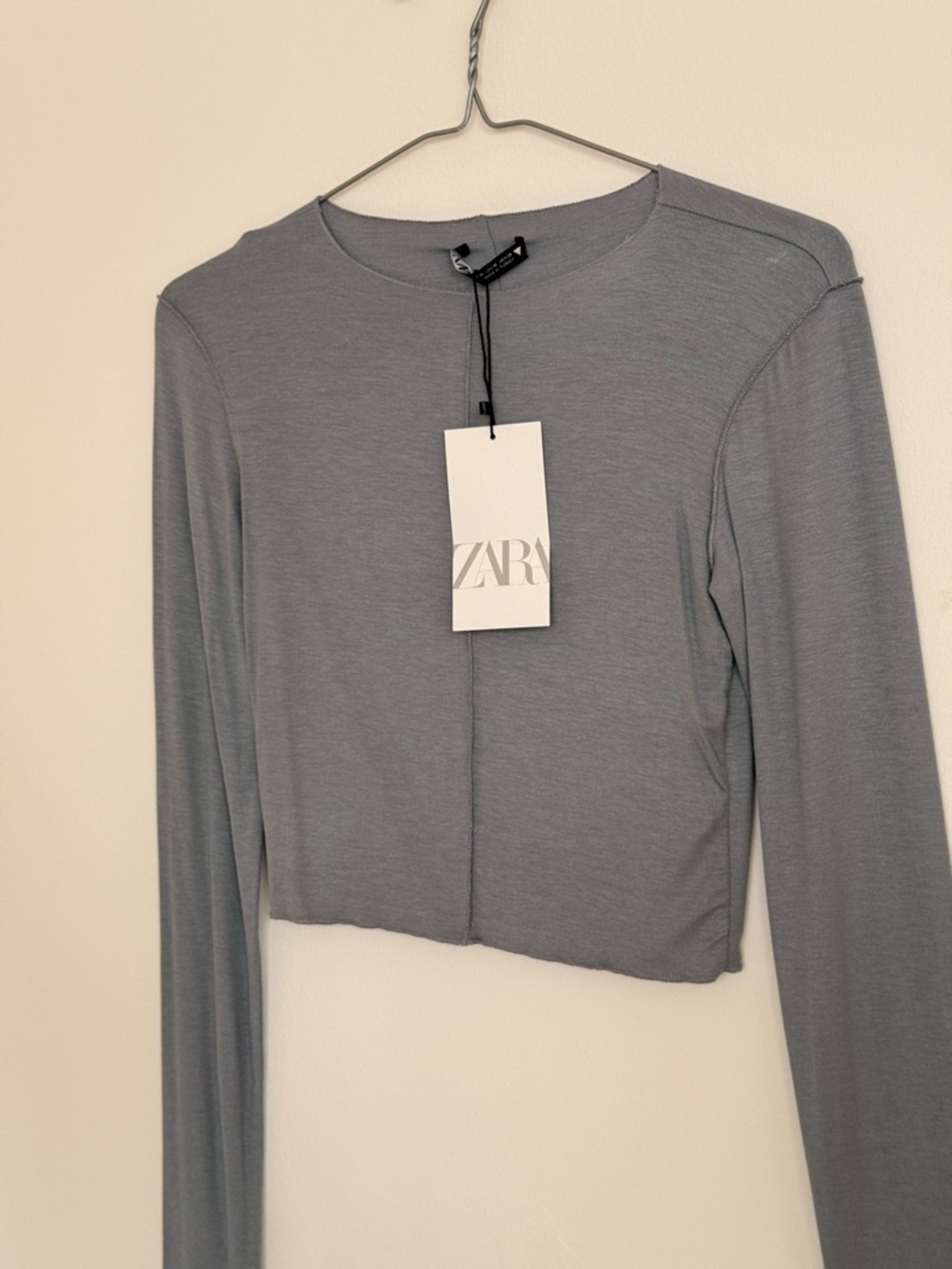 Zara Light Gray Long-Sleeve Center Seam Crop Top